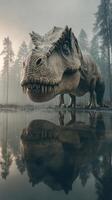 Majestic dinosaur stands by a reflective lake in a misty forest at dawn photo