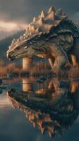 Dinosaur-like creature stands near tranquil water in a natural landscape during golden hour photo