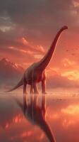 Giant dinosaur stands majestically in a serene lake during sunset with reflections on calm waters in a prehistoric landscape photo