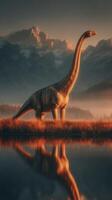 Massive dinosaur stands majestically by a tranquil lake at dawn with mountains in the background under a soft orange glow photo