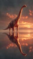 Majestic dinosaur stands in calm waters during sunset with reflection on the serene surface photo