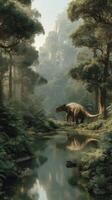 Dinosaur exploring a lush forest near a tranquil stream during the early morning light photo