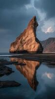 Unique rock formation reflects in tidal pool during twilight at coastal landscape photo