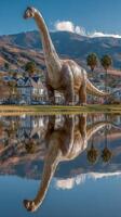 Giant dinosaur sculpture reflecting in calm water with beautiful mountains in the background photo