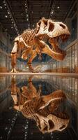 Large dinosaur skeleton displayed in a modern museum with reflective floor during daylight photo