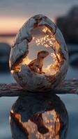 Tiny lizard emerges from a beautifully carved egg with delicate flowers by a tranquil lake at sunset photo