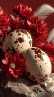 Decorative quail eggs resting on a stone, surrounded by vibrant red flowers and feathers in warm lighting photo