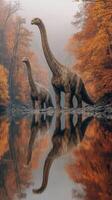 Dinosaurs wade through an autumn forest with reflections in a serene river during early morning light photo