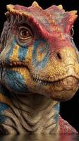 Colorful dinosaur sculpture with intricate details displayed in a dark environment photo