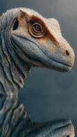 Lifelike dinosaur sculpture emerging from serene water surface reflecting details of prehistoric creature photo