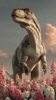 Majestic dinosaur standing tall among colorful flowers during sunset in a serene landscape photo