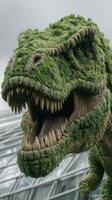 Giant dinosaur sculpture covered in greenery showcases nature's power in urban setting photo