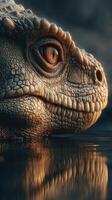 Close-up view of a reptile resting by water highlighting intricate textures and vibrant colors during late afternoon light photo