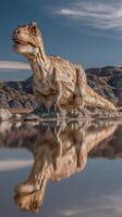 Majestic dinosaur sculpture reflected in serene water against a stunning mountainous backdrop at dawn photo