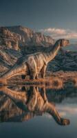 Dinosaur standing near a tranquil pond at sunset surrounded by rugged mountains and reflected in still water photo