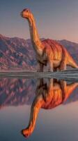 Massive dinosaur statue by a reflective water body against a stunning mountain backdrop during sunset hours photo