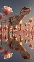 Dinosaur exploring a serene landscape filled with pink flowers during sunset photo