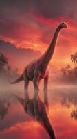 Dinosaur standing majestically near a tranquil lake during a stunning sunset with vibrant clouds photo