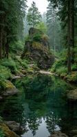 Tranquil forest landscape with clear water reflecting a rocky outcrop and surrounding greenery in soft morning light photo