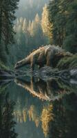 Life-like dinosaur sculpture near a serene river surrounded by lush forests during early morning light photo