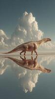 Dinosaur-like creature walking across reflective water during a tranquil sunset with fluffy clouds in the background photo