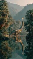 Brontosaurus stands gracefully by a serene lake surrounded by lush vegetation during early morning light photo