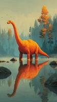 Orange dinosaur wades through calm water amidst autumn trees at dawn in a tranquil landscape photo