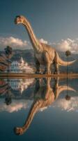 Giant dinosaur statue stands majestically by a lakeside mansion under a clear sky in the early morning light photo