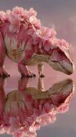Colorful dinosaur stands in shallow water surrounded by blooming flowers at sunset in a surreal landscape photo
