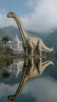 Giant dinosaur stands near a grand palace reflected in a serene lake surrounded by mountains at dawn photo
