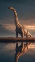 Majestic dinosaur standing by a serene lake at sunset with mountains in the background photo