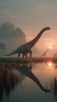 Majestic dinosaurs roam a prehistoric landscape at sunset by a tranquil water body with mountain silhouettes in the background photo