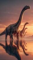 Dinosaurs walking through shallow waters at sunset near mountainous terrain in a prehistoric landscape photo