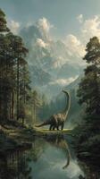 Dinosaurs roam a misty valley surrounded by majestic mountains and towering trees in the early morning light photo