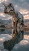 Giant dinosaur standing beside a calm lake at dusk with dramatic clouds in the sky photo