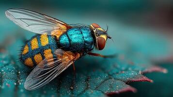 Close-up view of a vibrant blue and orange fly resting on a green leaf in natural sunlight photo