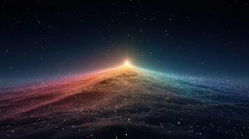 Cosmic peak illuminated by vibrant light over a starry expanse during twilight photo