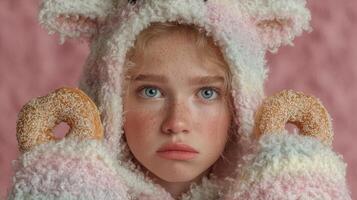 Child wearing a cozy animal hoodie holds donuts against a pink background during a cheerful moment photo