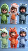 Children dressed in colorful animal costumes posing happily against a blue background during a playful indoor setting photo