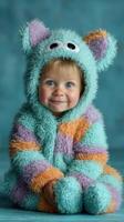 Cute toddler in colorful fuzzy costume smiles joyfully against blue backdrop photo