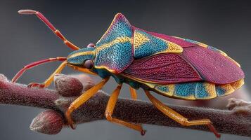 Close-up view of a vibrantly colored bug resting on a tree branch in a natural habitat during daytime photo
