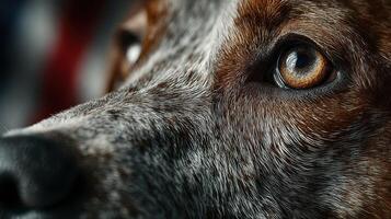 Close-up of a dog's eye revealing intricate fur patterns and vivid expression in natural light during a calm afternoon photo