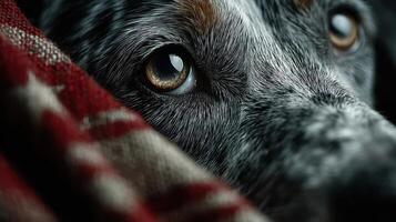 Close-up of a dog's expressive eye peeking from a cozy blanket during a quiet evening at home photo