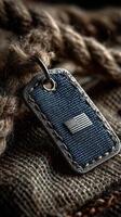 Metal dog tag featuring a fabric design with a small American flag emblem hanging from a natural twine on rustic background photo