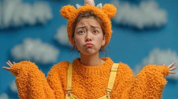 Young girl with bear hat and cozy sweater showing confusion against a colorful backdrop of clouds photo