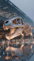 Massive dinosaur skeleton on display in modern museum with glass facade showcasing fascinating ancient creature photo