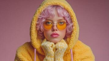 Model wears yellow hoodie and round sunglasses against pink background while striking a serious expression during a creative photoshoot photo