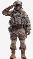 Soldier in tactical gear saluting with respect in a studio setting during daylight photo