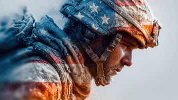 Soldier in winter gear moving through snow with a flag overlay during a cold combat training exercise photo