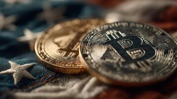 Bitcoin coins resting on an American flag showcasing the blend of finance and national pride photo